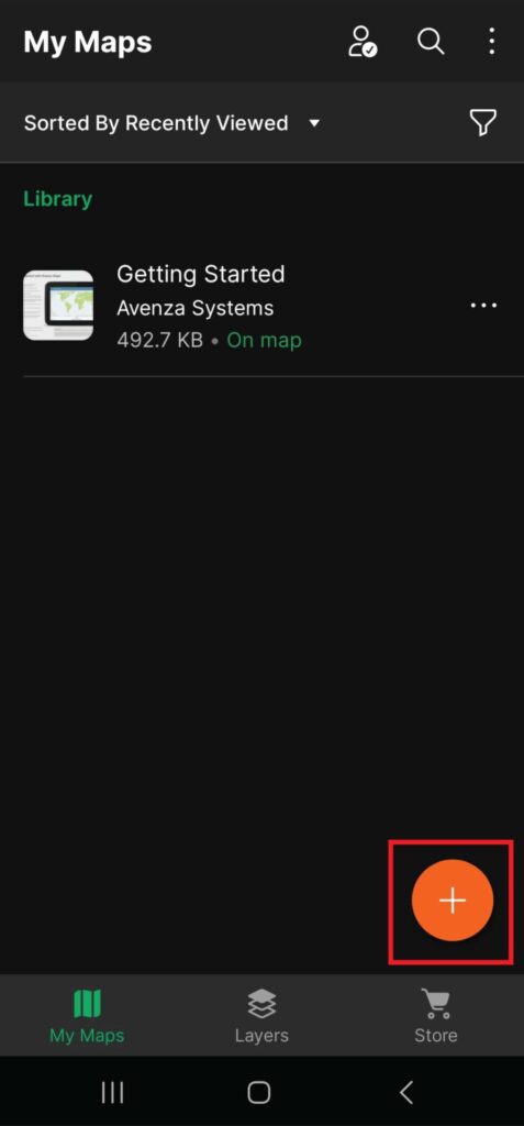 Access your Avenza Maps app and find the big orange + sign in the bottom right of your screen.