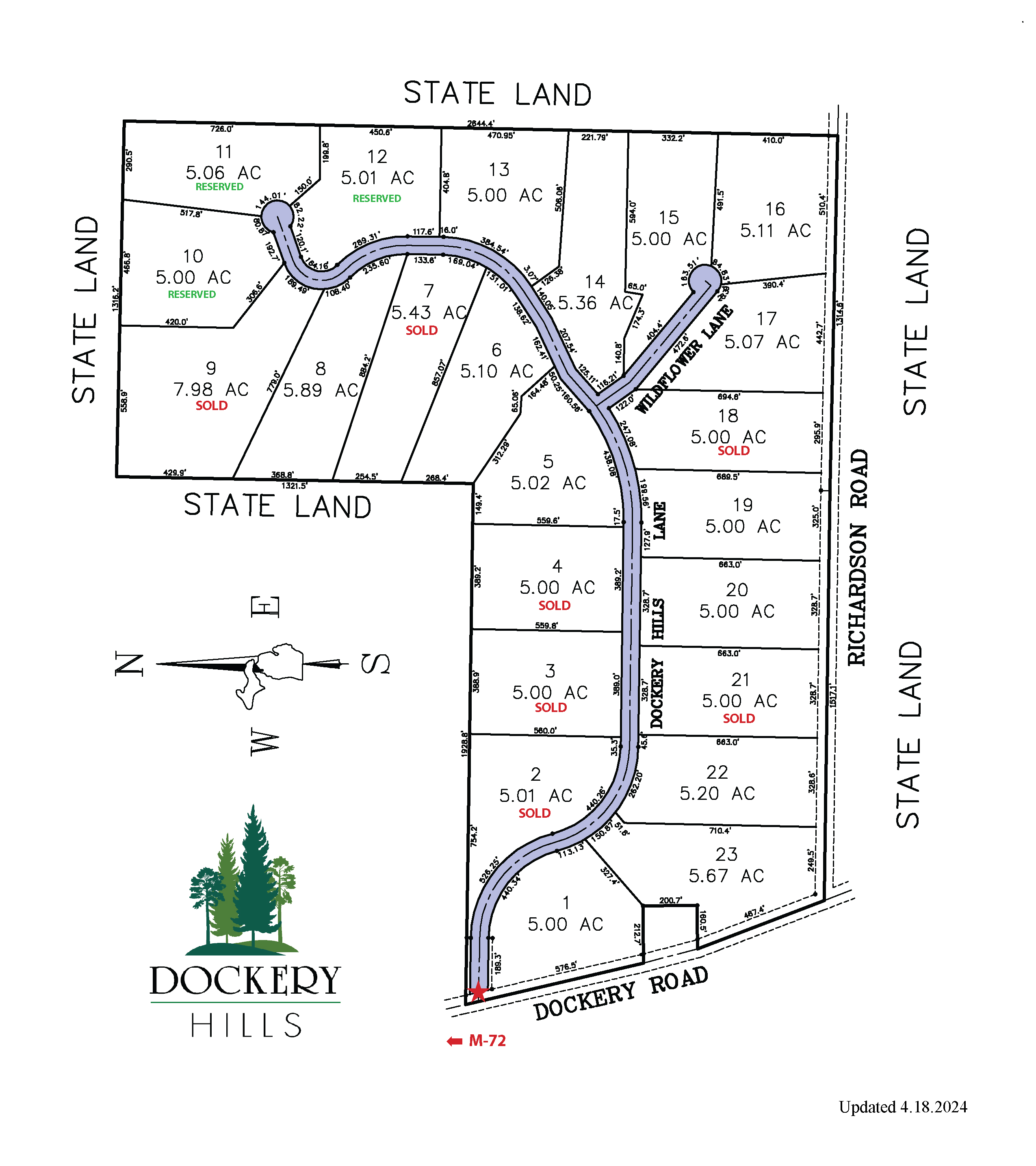 Dockery Hills property development map with street names and parcel status.