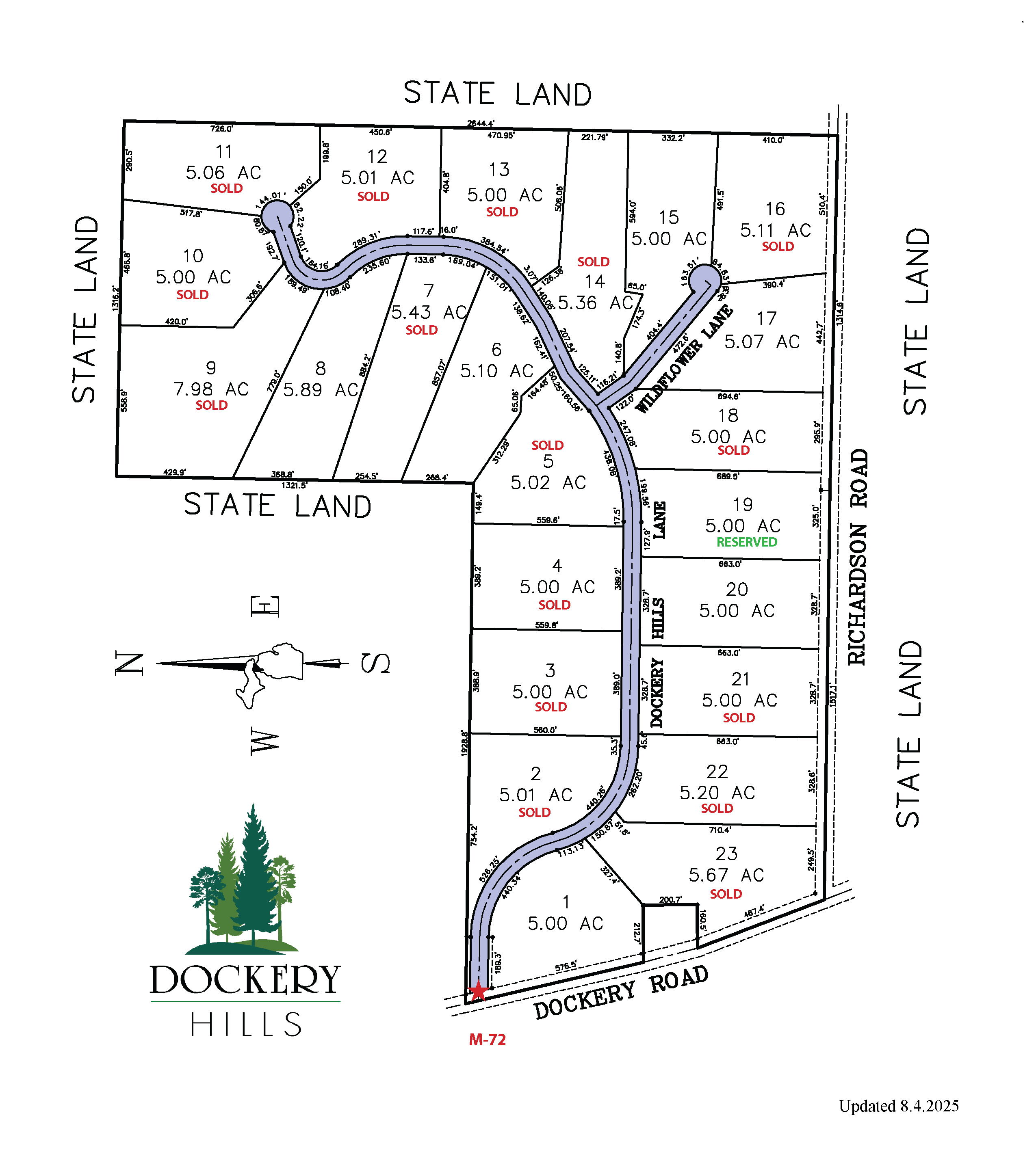 Dockery Hills property development map with street names and parcel status.