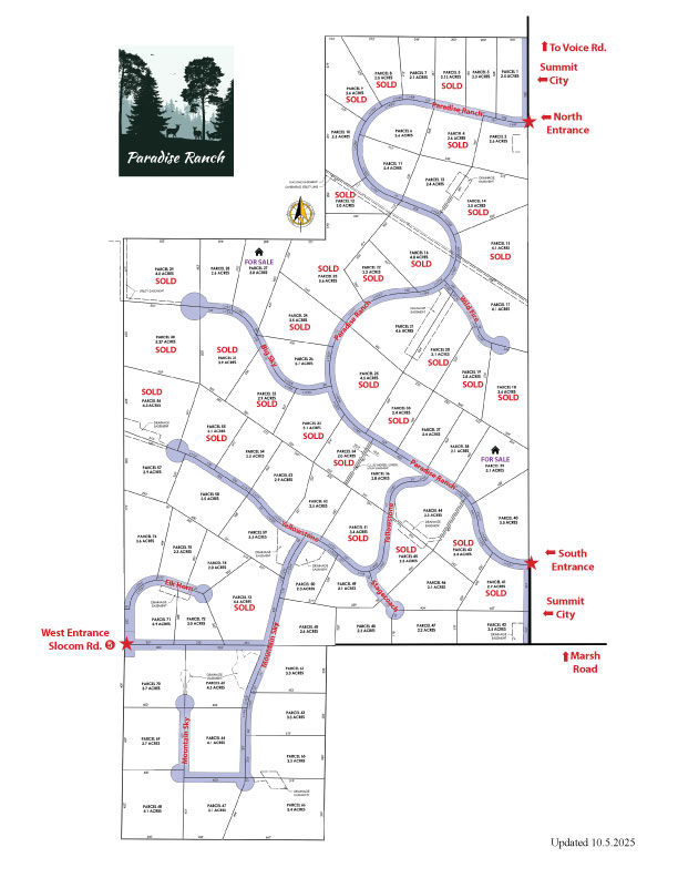 Paradise Ranch property development map with street names and parcel status.