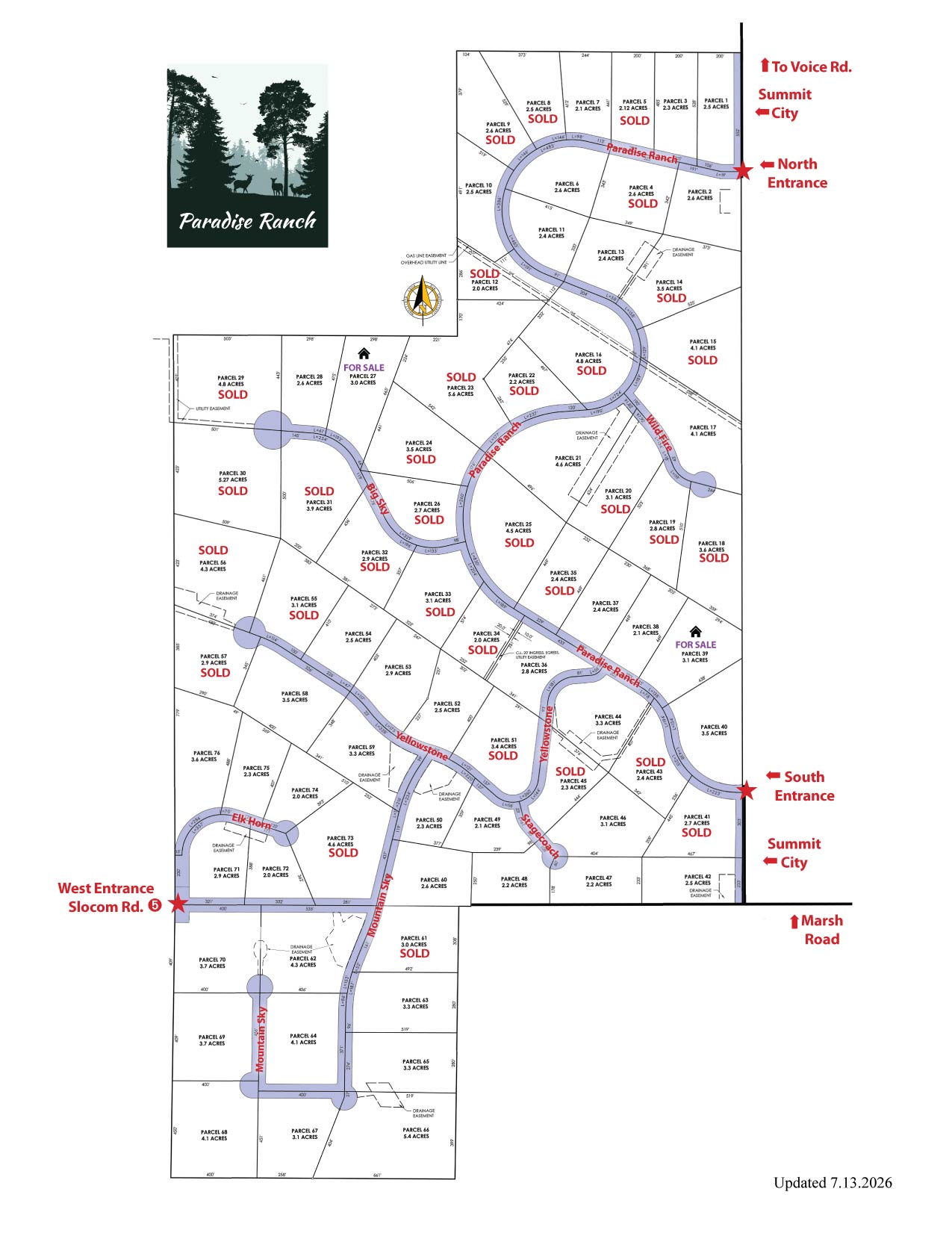 Paradise Ranch property development map with street names and parcel status.
