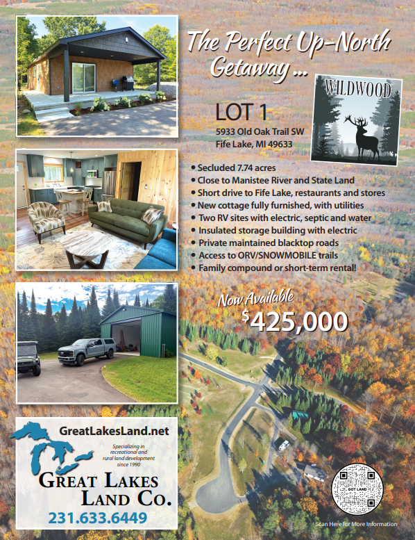 Recent full-page print advertisement promoting the newly finished 1 bedroom cottage for sale on Wildwood lot 1 in Kalkaska county.
