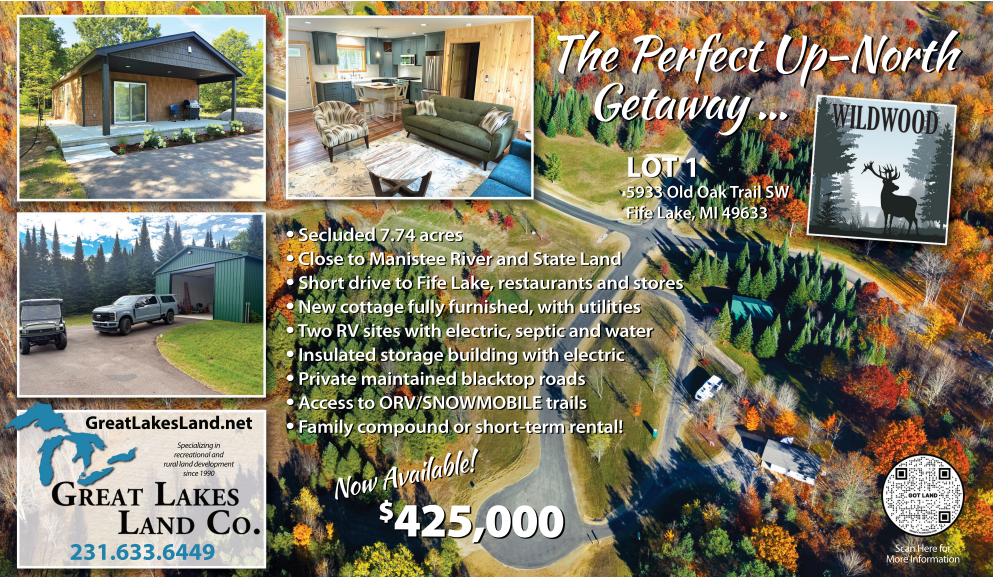 Recent half-page print advertisement promoting the newly finished 1 bedroom cottage for sale on Wildwood lot 1 in Kalkaska county.