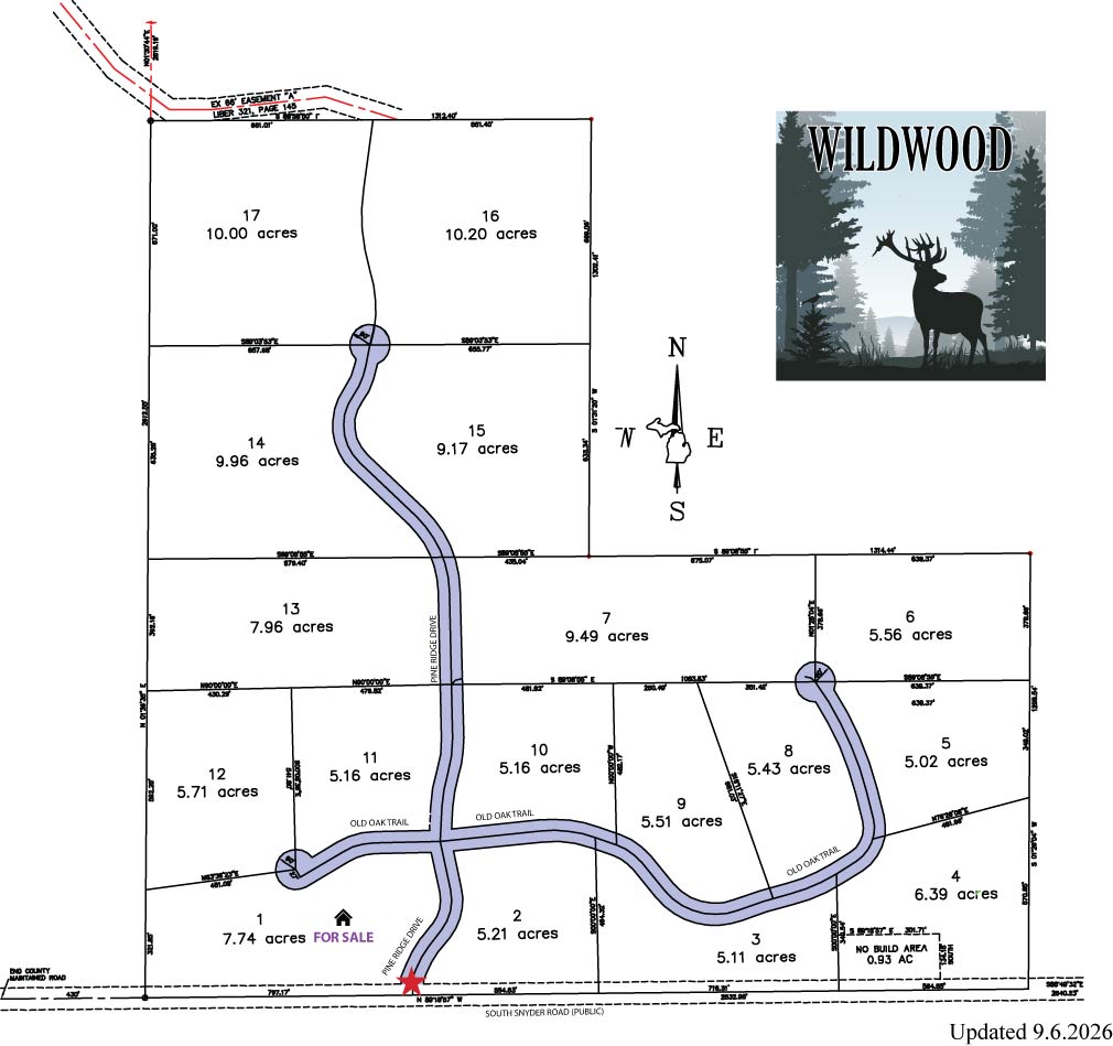Wildwood property development map with street names and parcel status.