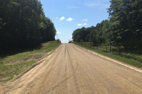 Straight dirt road with trees on both sides and a wooden fence on the right side leading into the horizon.