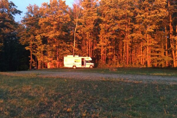 White Tioga RV parked near the treeline during dusk.