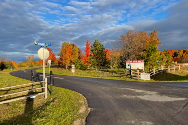 Tree-lined intersection of Summit City road inside Paradise Ranch Estates under a partly-cloudy sky.