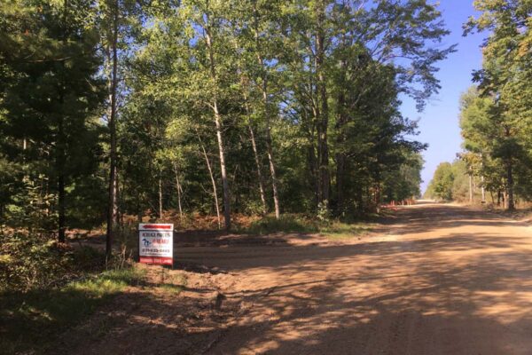 For Sale sign next to a dirt road lined with trees.