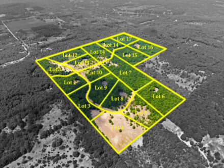 Wildwood Lot Lines Aerial Photo High and wide aerial drone photo of the entire Wildwood property with parcels outlined and numbered.